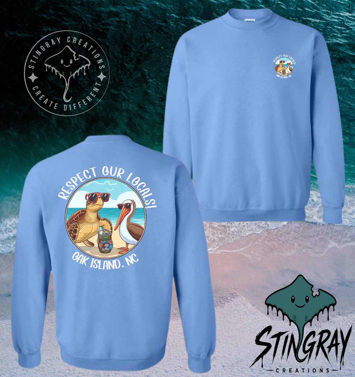 Respect Our Locals Oak Island NC Sea Turtle & Pelican T Shirt & Crewneck Sweatshirt