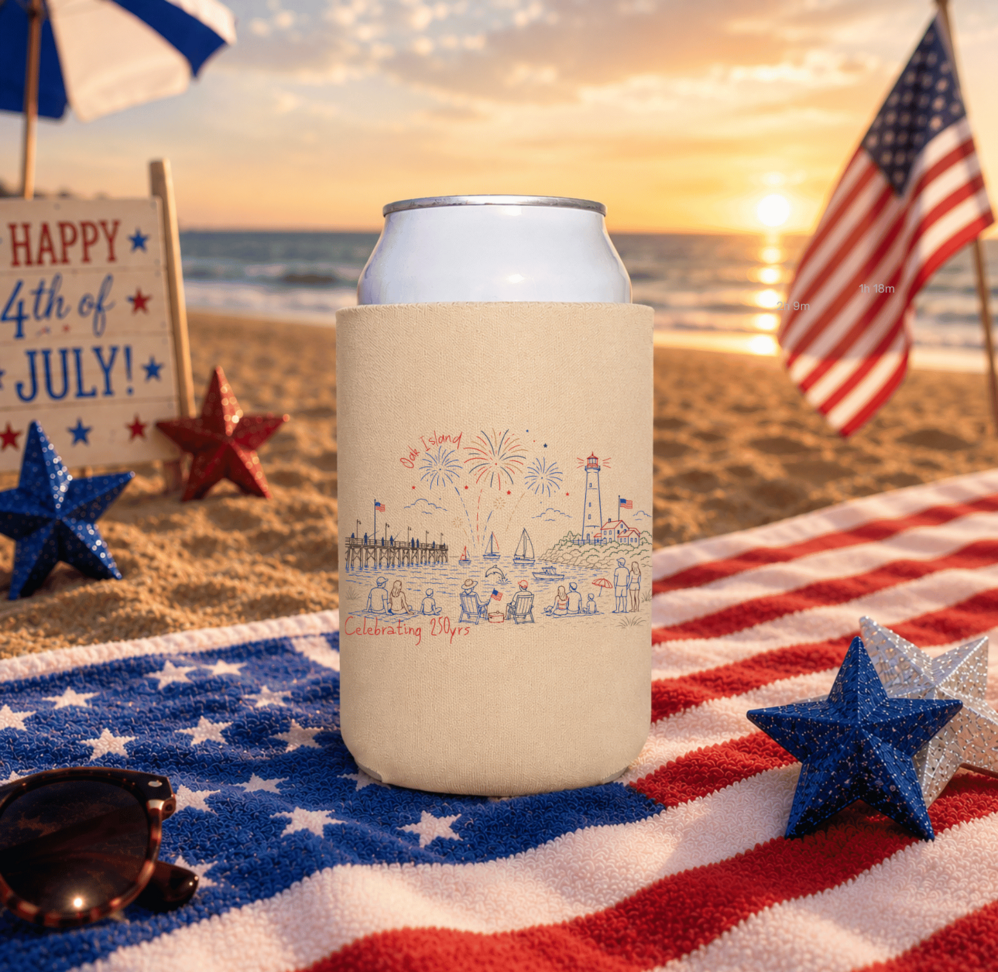 Southport & Oak Island 250th Anniversary Can Hugger | Patriotic 4th of July Beverage Sleeve