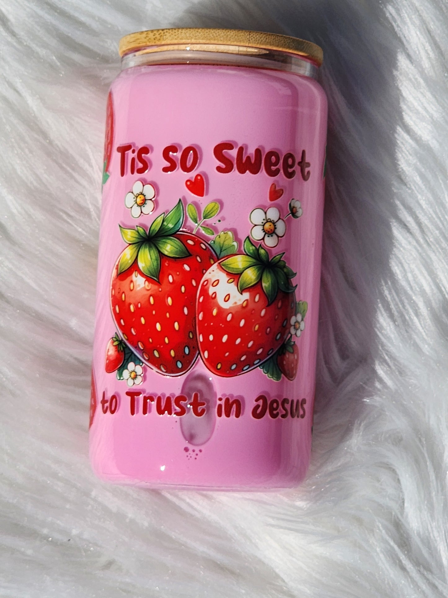 Tis so sweet trust in Jesus Strawberry Milk Glass Can