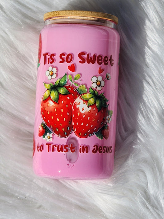 Tis so sweet trust in Jesus Strawberry Milk Glass Can