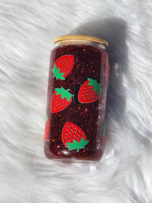 Red Strawberries Glass Can