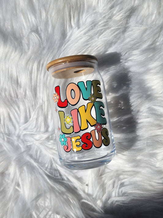 16oz Love Like Jesus glass can with bamboo lid and straw for iced coffee