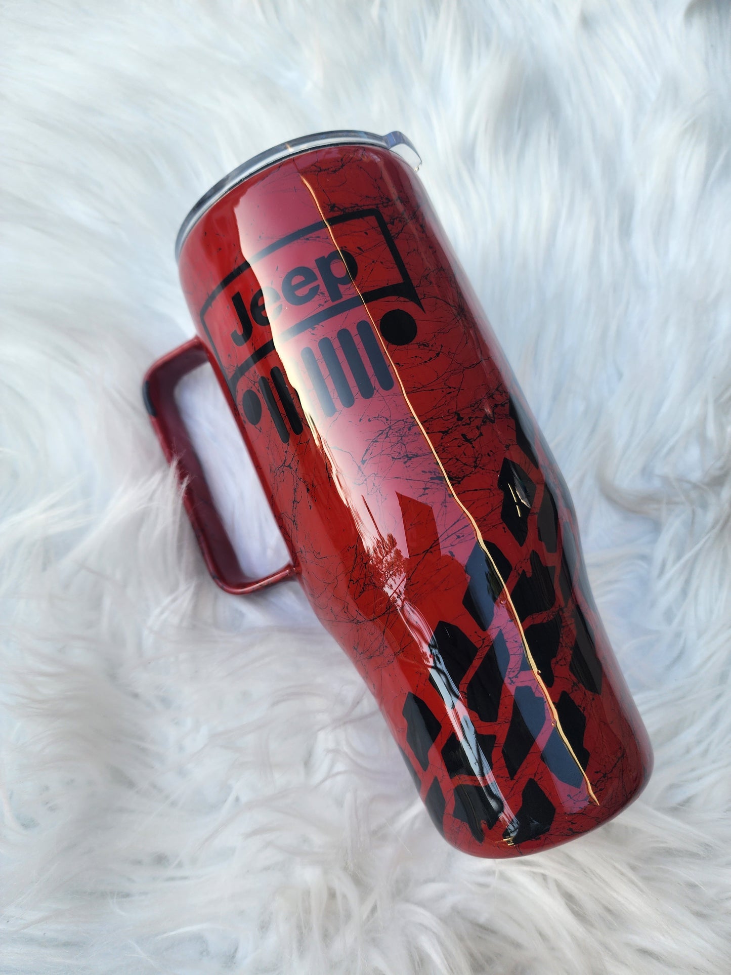 20oz Red Splatter Jeep with handle tumbler.
