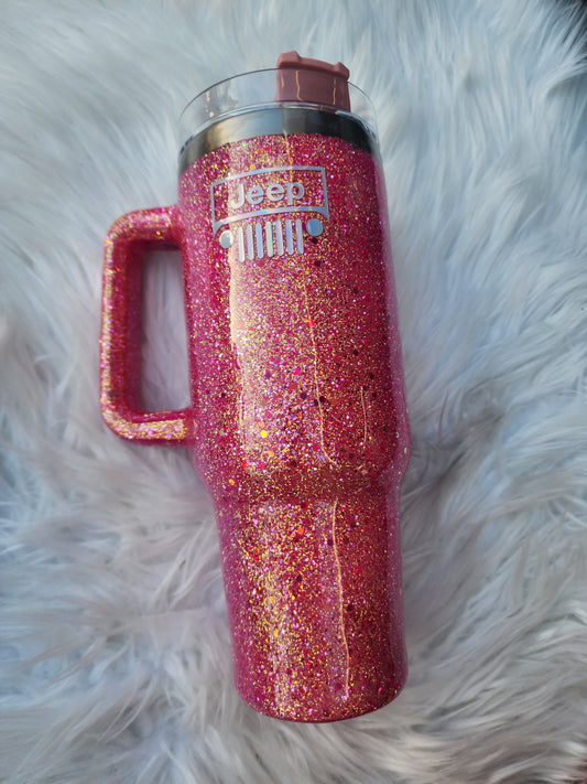 40oz Pink Glitter Jeep Tumbler with Straw