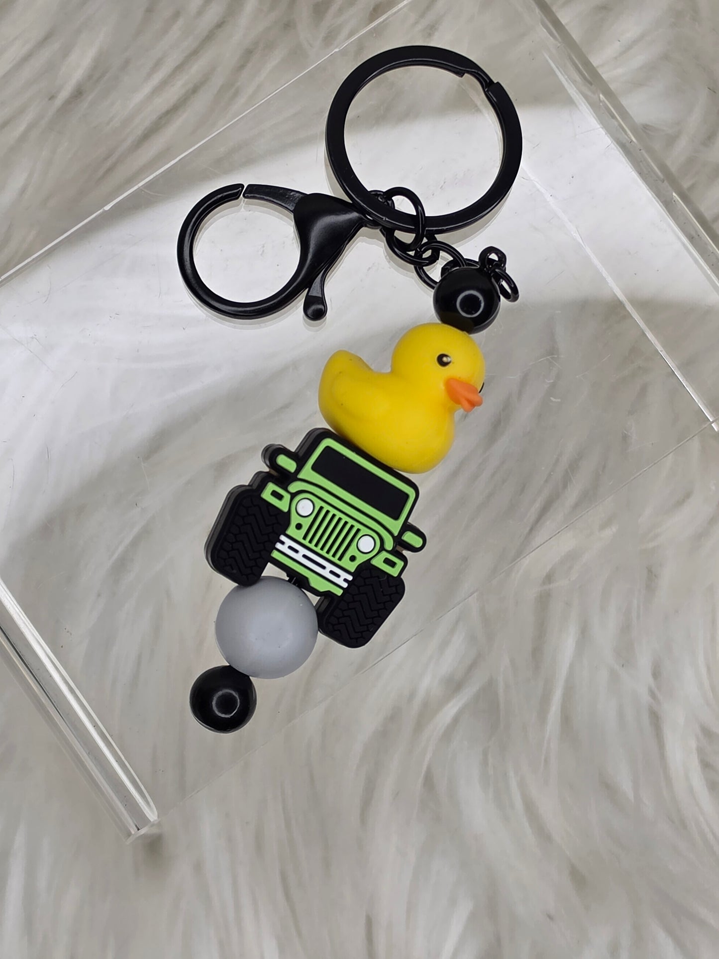 Green and Grey Bead with Duck & Jeep Beaded Keychain | Cute Jeep Lover Accessory | Handmade Silicone Bead Key Ring