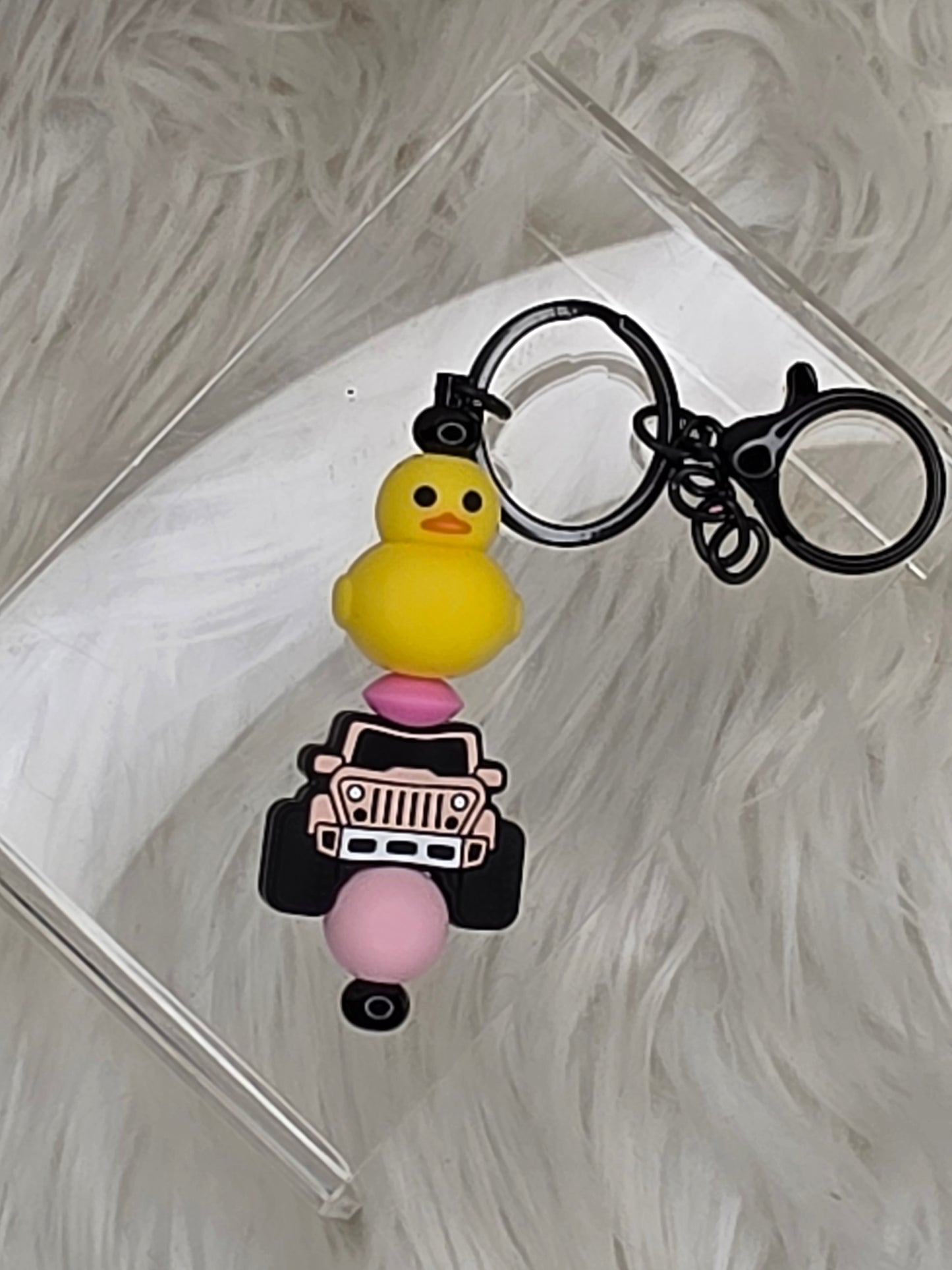 Pink Bead with Duck & Jeep Beaded Keychain | Cute Jeep Lover Accessory | Handmade Silicone Bead Key Ring