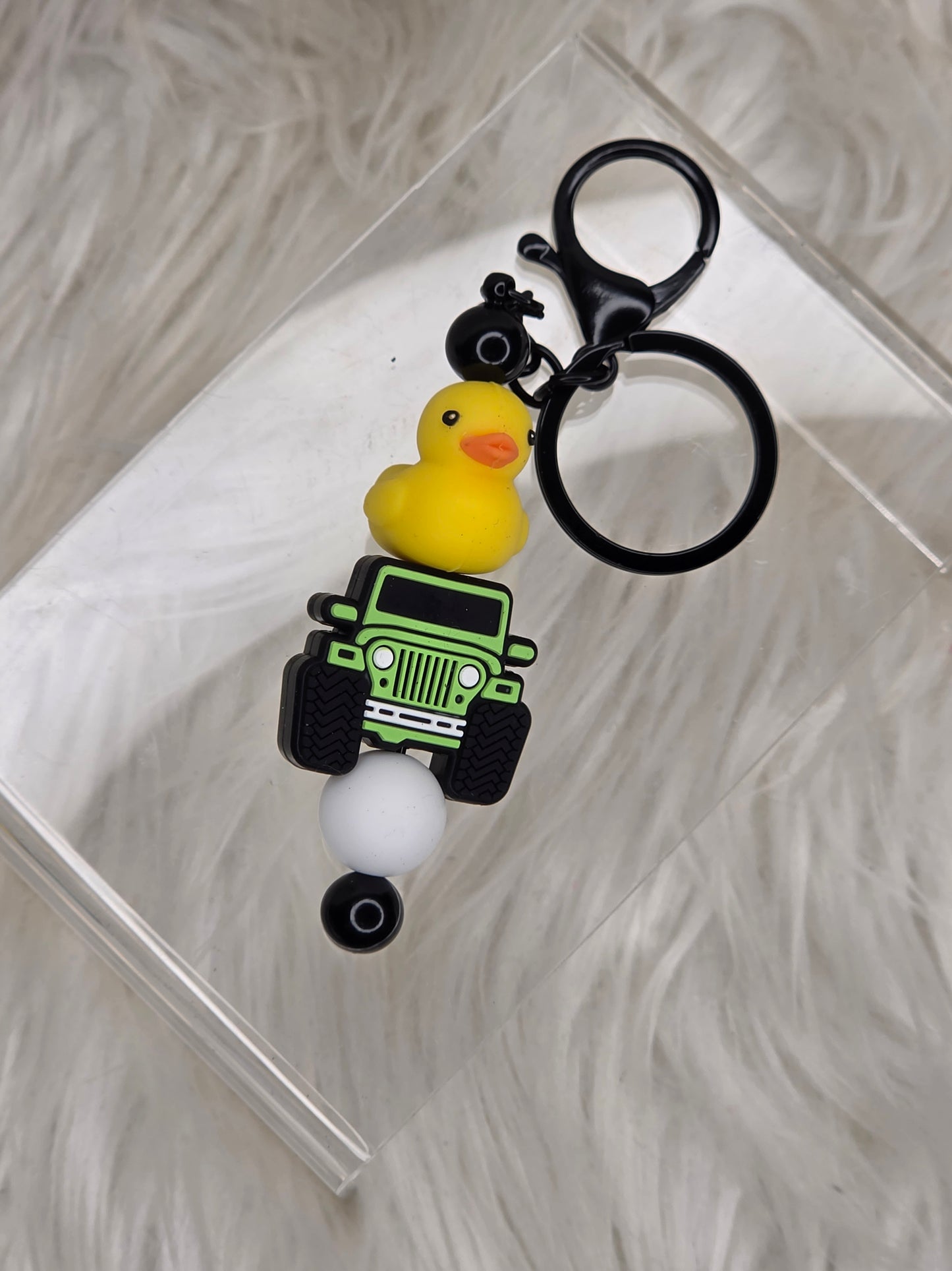Green & White Bead with Duck & Jeep Beaded Keychain | Cute Jeep Lover Accessory | Handmade Silicone Bead Key Ring