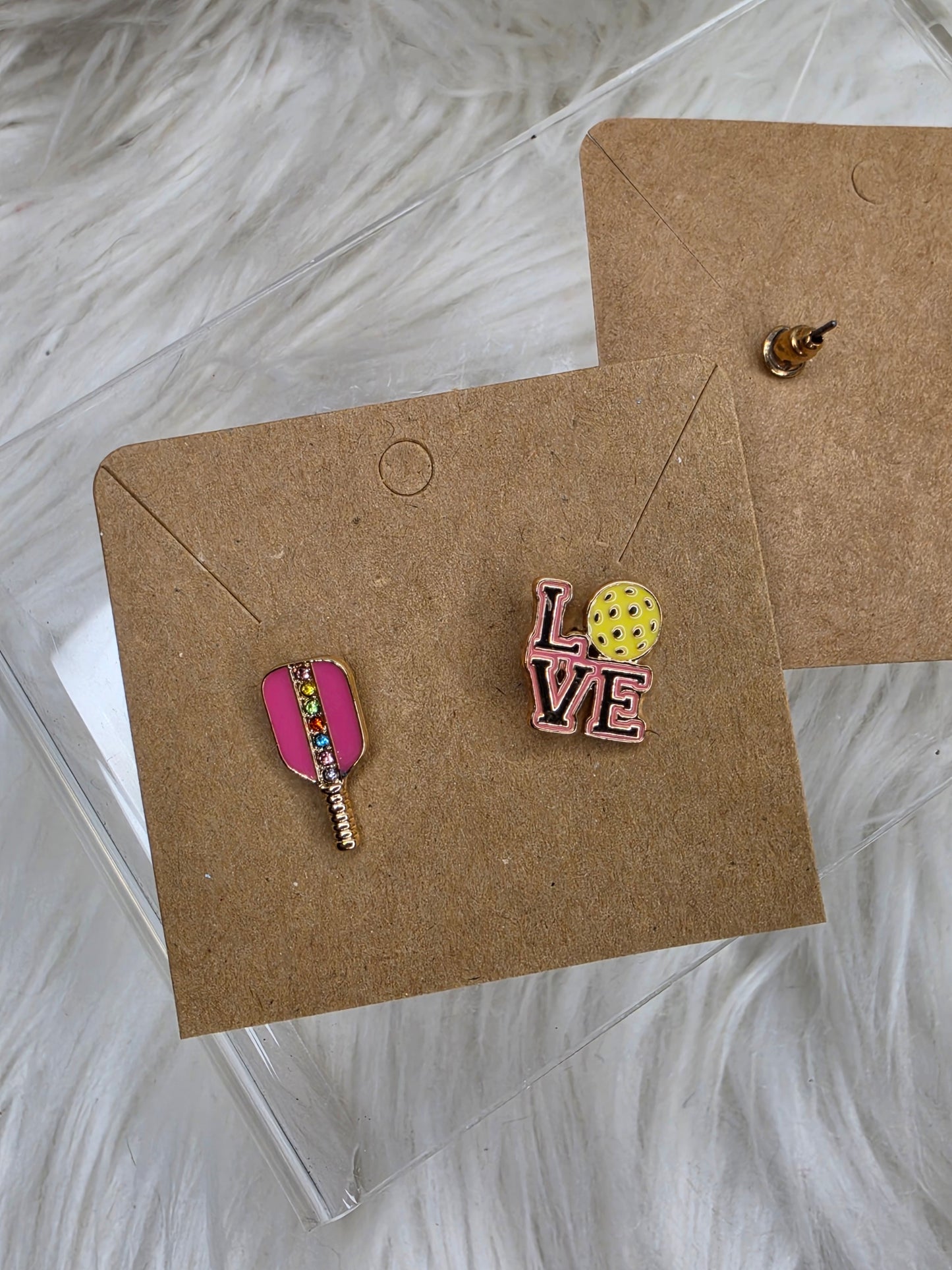 Pink Paddle with Love Pickleball Stud Earrings | Pickleball Ball Earrings | Lightweight Sports Jewelry Gift