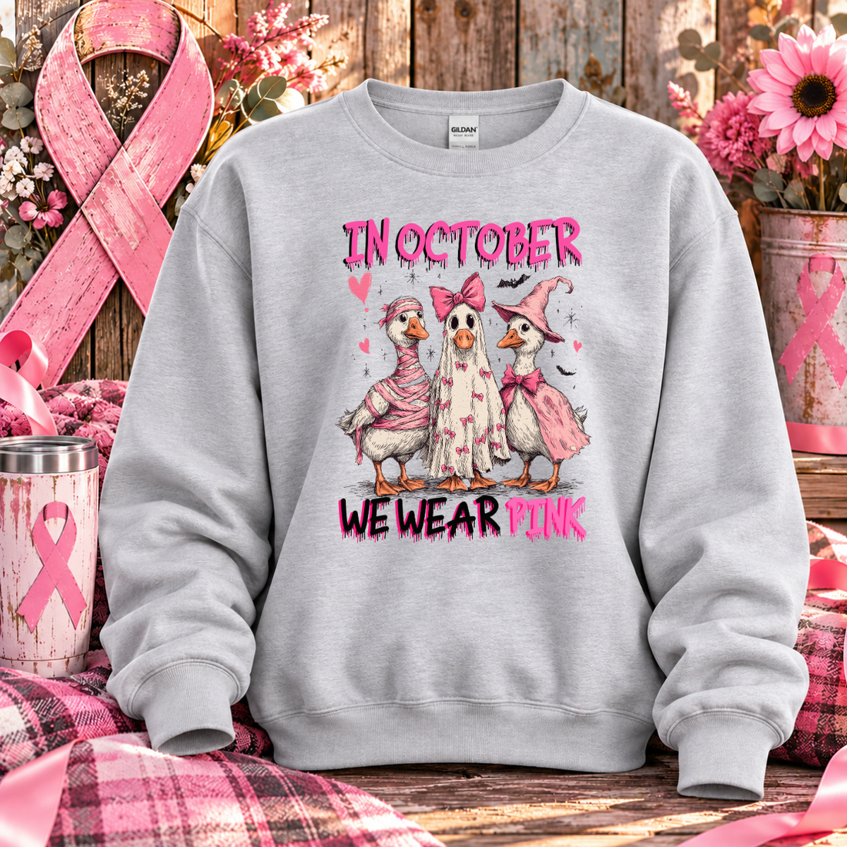 In October We Wear Pink Duck Breast Cancer Awareness T-Shirt & Sweatshirt