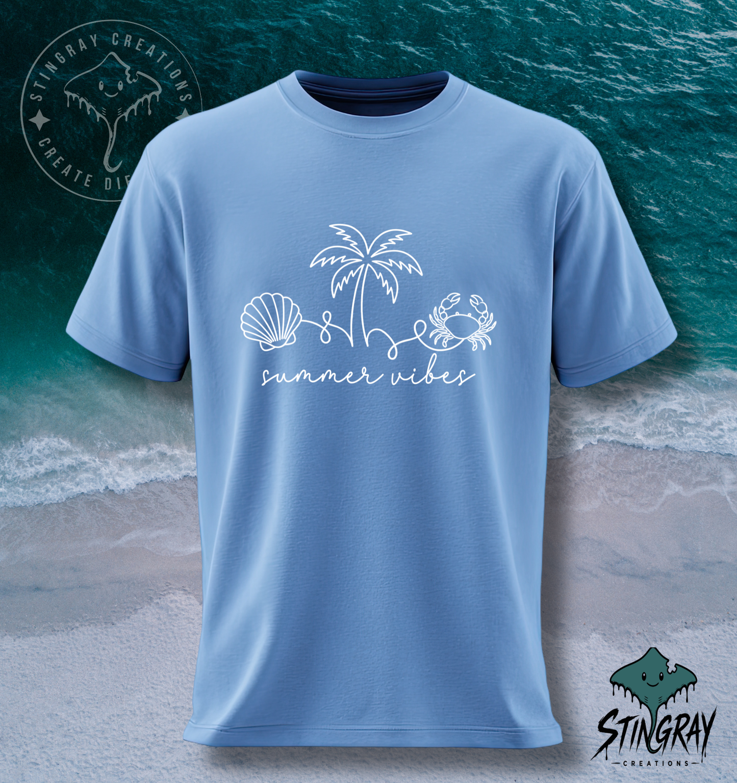 Summer Vibes Beach T Shirt | Coastal Graphic Tee | Shell Palm Tree Crab Shirt | Summer Vacation Shirt