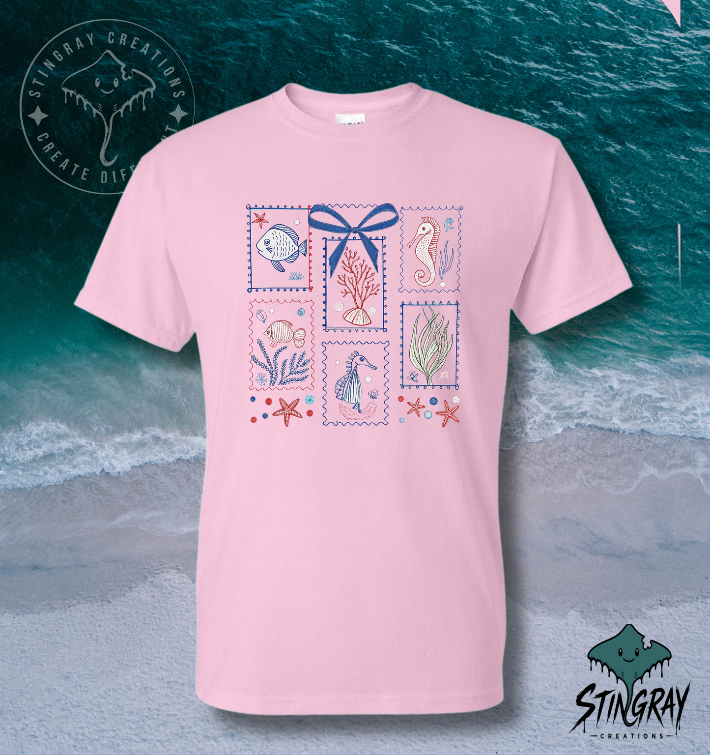 Coastal Sea Life Postage Stamp T Shirt | Beach Graphic Tee