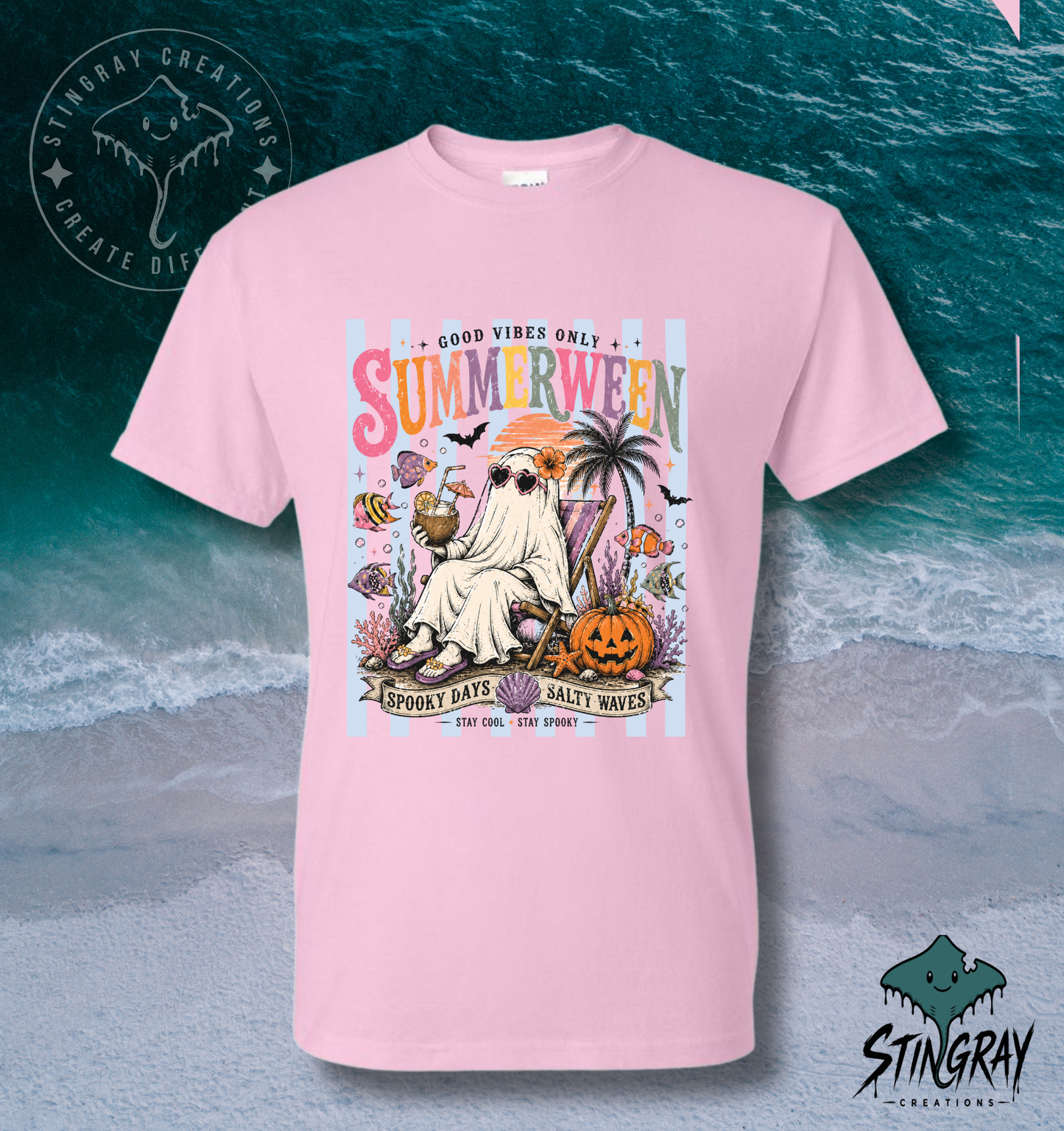 Summerween Ghost Beach T Shirt | Spooky Beach Shirt | Halloween Summer Graphic Tee | Coastal Ghost Shirt