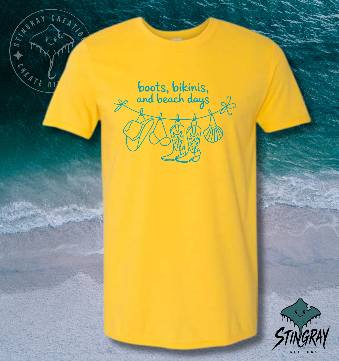 Boots, Bikinis & Beach Days T Shirt | Coastal Cowgirl Graphic Tee | Western Beach Shirt