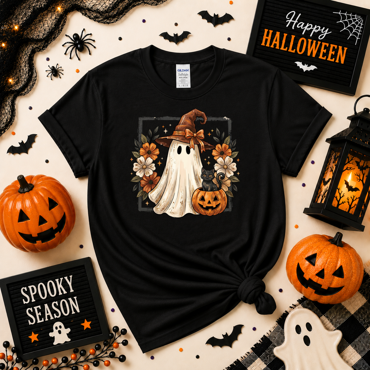 Cute Witch Ghost & Black Cat Halloween Sweatshirt | Pumpkin T-shirt