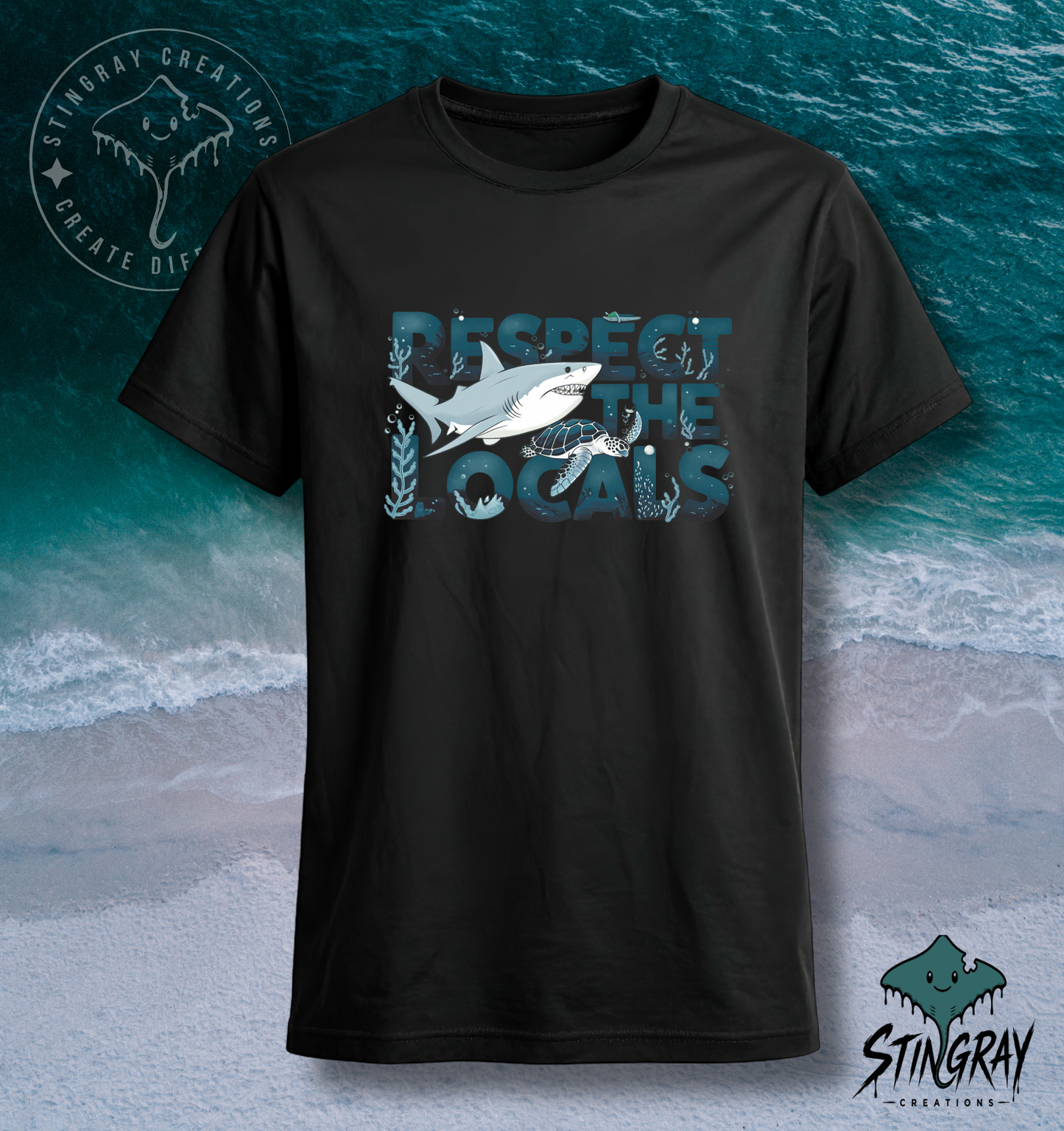 Respect the Locals Shark & Sea Turtle T Shirt | Ocean Conservation Graphic Tee | Coastal Beach Shirt