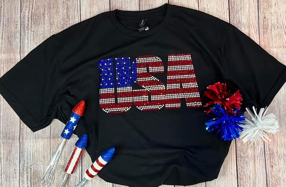 USA Rhinestone Flag Shirt | Patriotic Fourth of July Graphic Tee