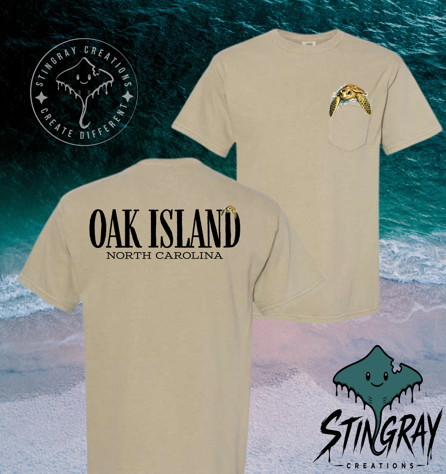 Oak Island Sea Turtle Pocket T Shirt | North Carolina Coastal Apparel | Comfort Colors