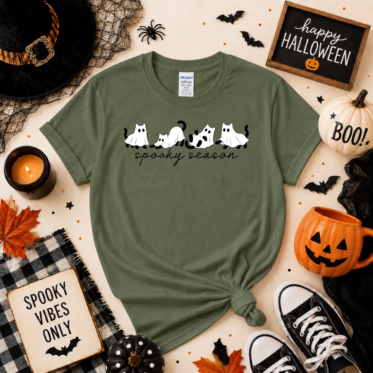 Spooky Season Ghost Cats Halloween Shirt | Cat T-Shirt or Sweatshirt
