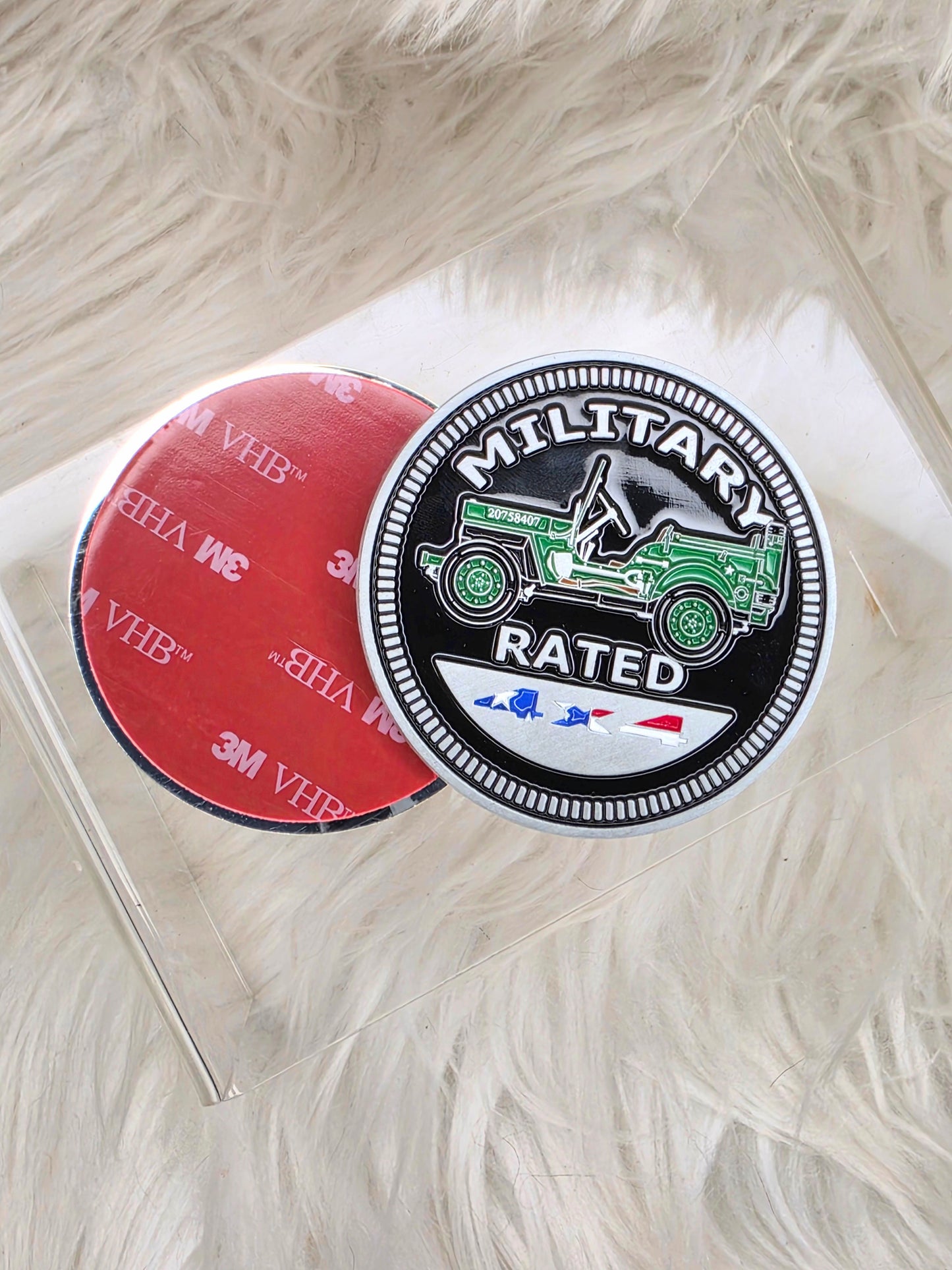 Military Rated badge, military Jeep badge, Jeep emblem, off road badge, veteran gift, military vehicle accessory, patriotic Jeep accessory, 4x4 badge, Jeep owner gift, military family gift, overlanding accessory, trail riding badge, Jeep enthusiast accessory, veteran owned lifestyle, military decor, truck emblem, patriotic off road badge, custom Jeep badge, off road enthusiast gift, military themed Jeep accessory.