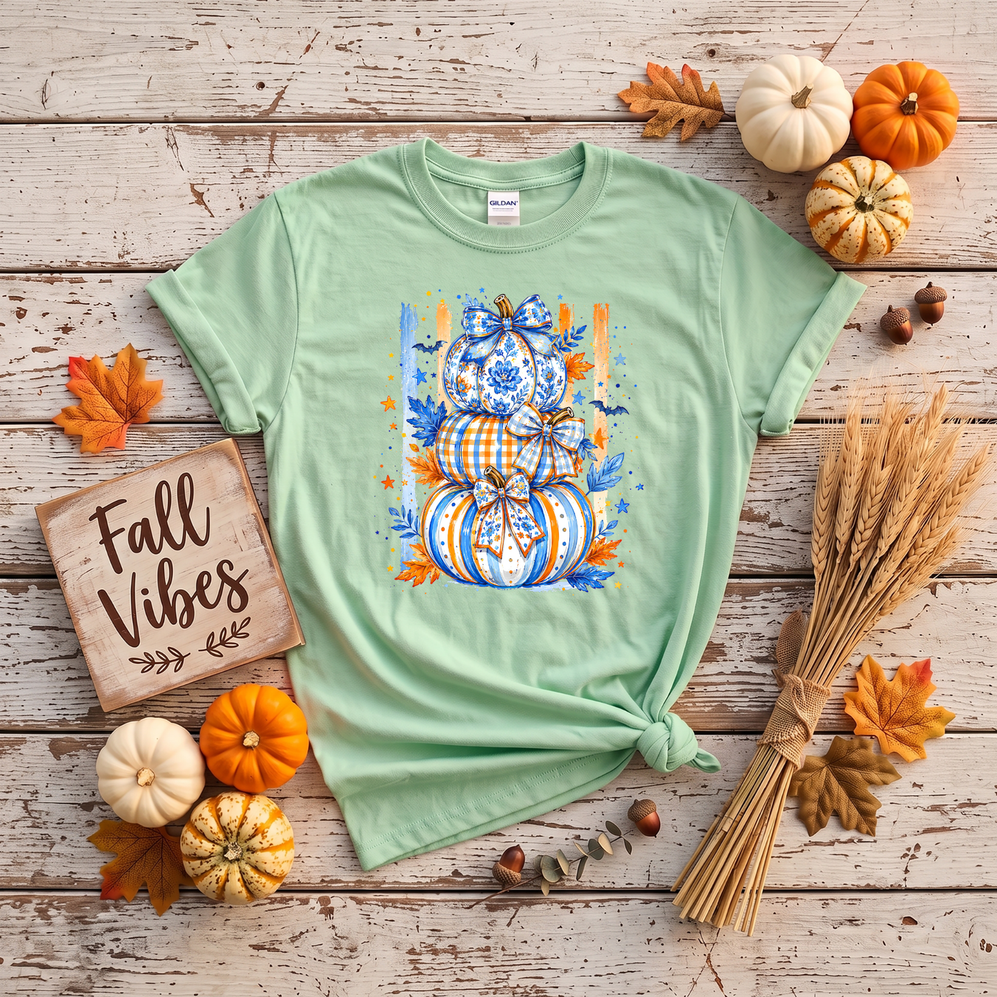 Blue & Orange Pumpkin Stack Fall Shirt | Coquette Pumpkin T-Shirt & Crewneck Sweatshirt