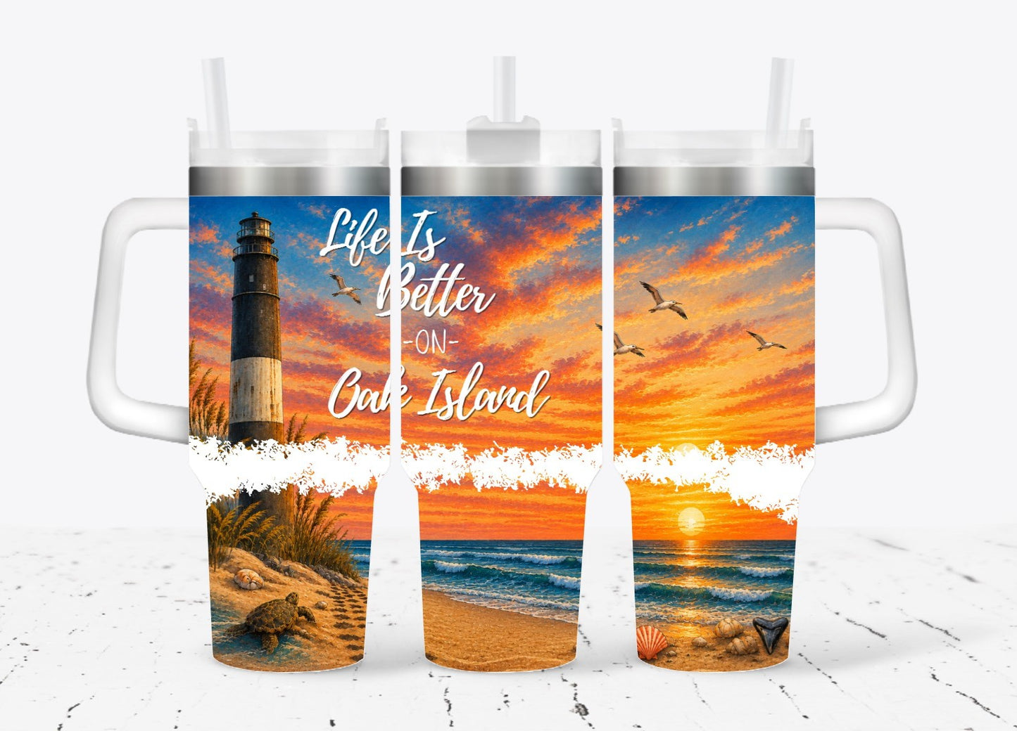 Oak Island NC Sunset Lighthouse 40oz Tumbler | Coastal Beach Travel Tumbler