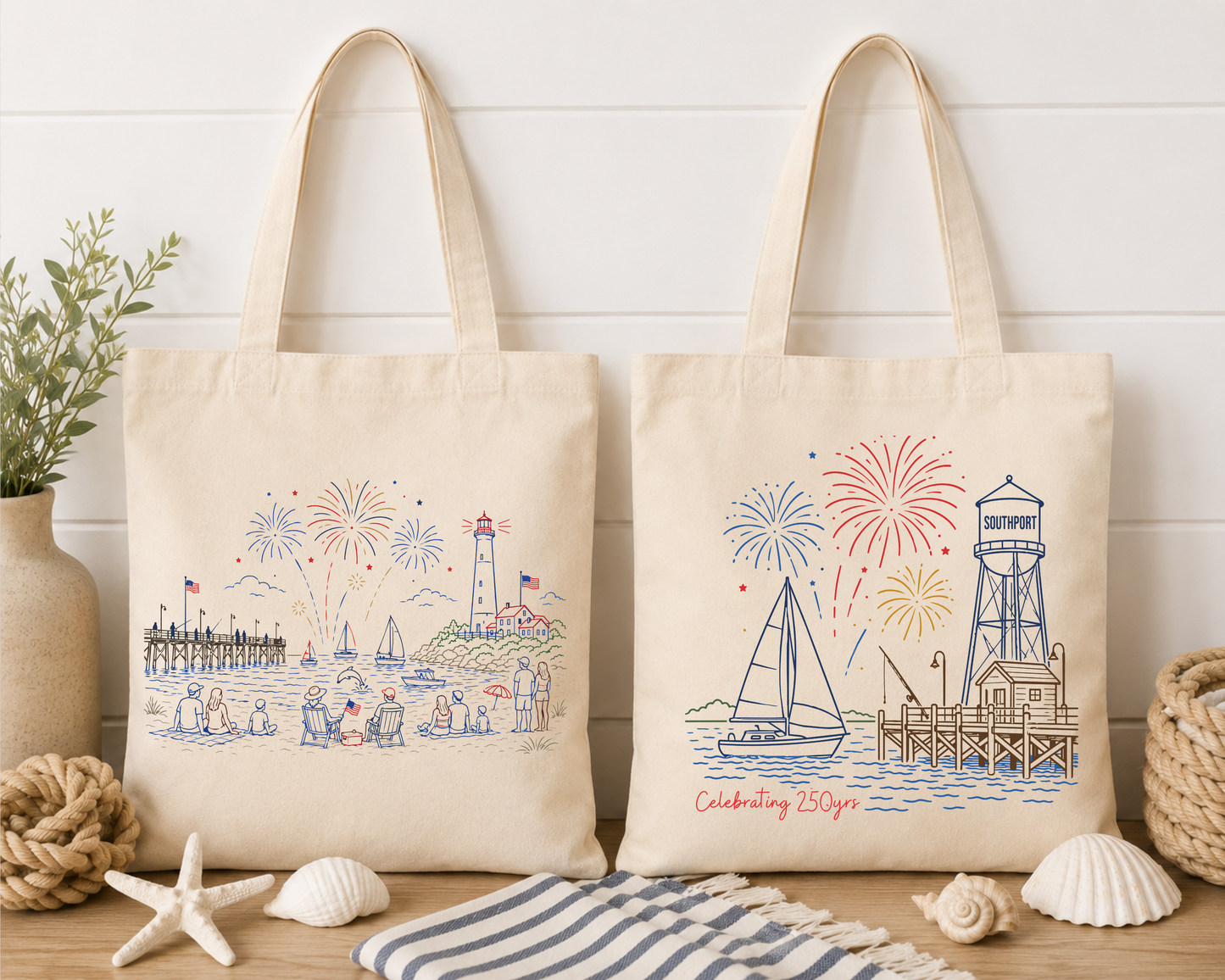 Southport/Oak Island 250th anniversary beach tote bag