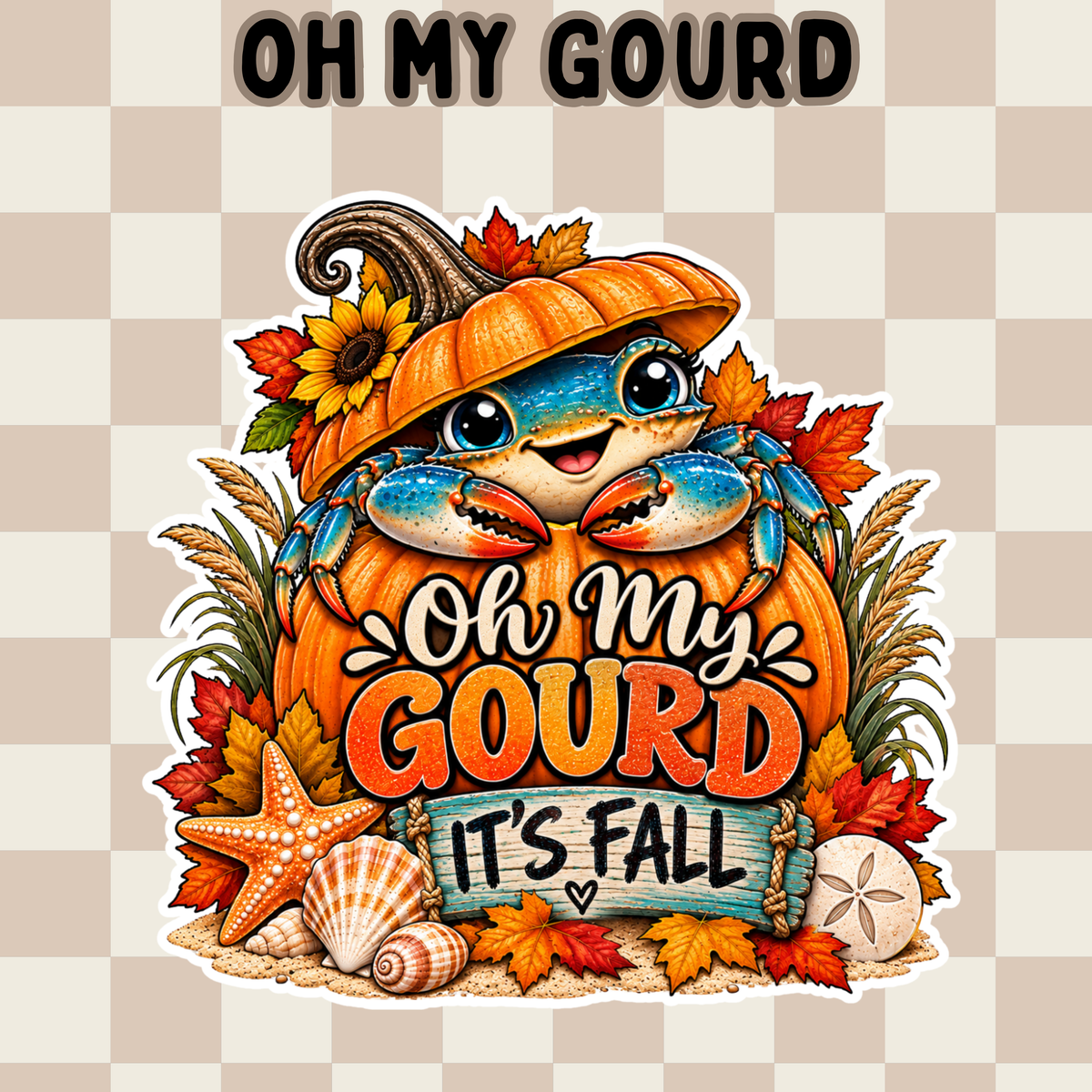 Oh My Gourd blue crab fall sticker with crab in pumpkin, autumn leaves, sunflower, starfish, seashells and sand dollar
