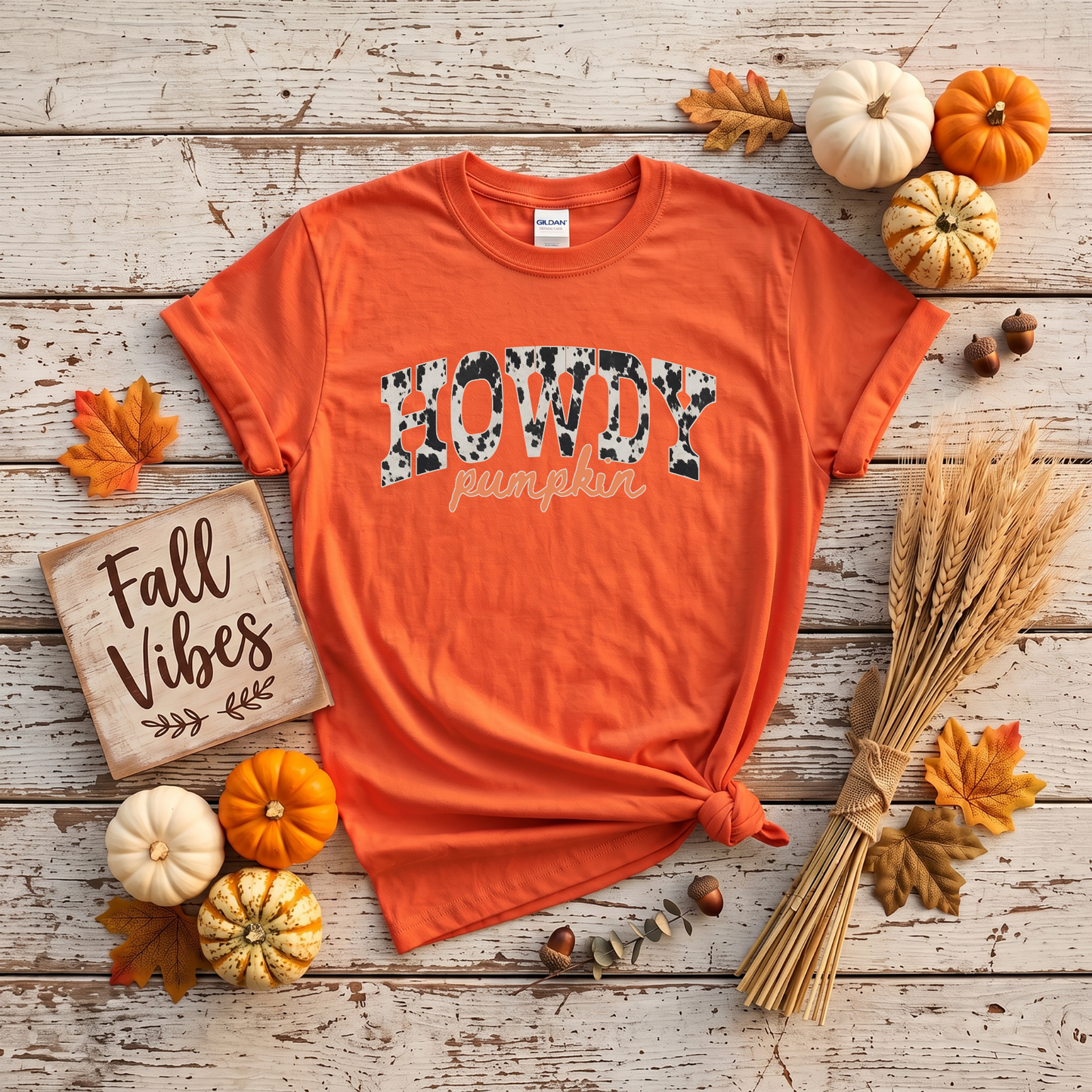 Howdy Pumpkin Cow Print Fall Shirt | Western Autumn T-Shirt & Crewneck Sweatshirt