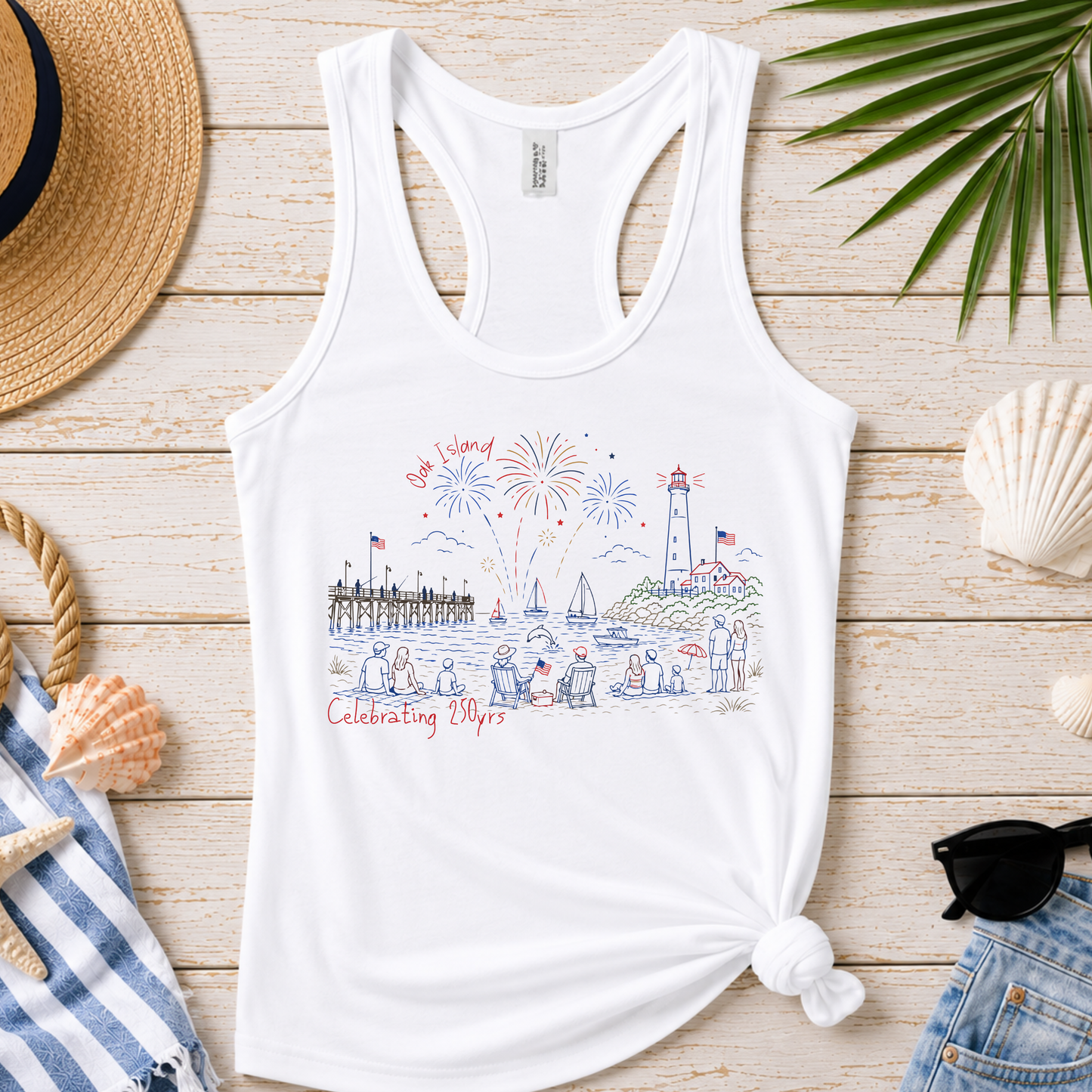 Ladies Oak Island 4th of July Racer Back Tank | (SIZE UP 1 SIZE FOR A LOOSE FIT!)