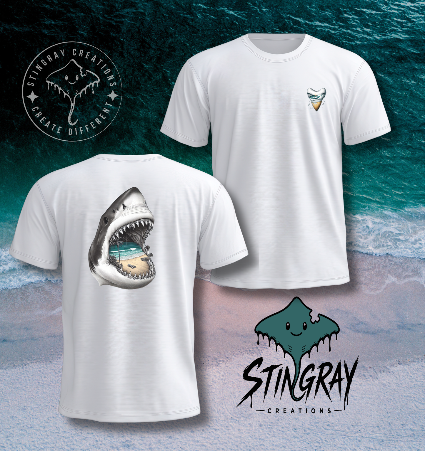 Shark Jaw Beach Scene T Shirt & Crewneck Sweatshirt | Coastal Shark Tooth Shirt
