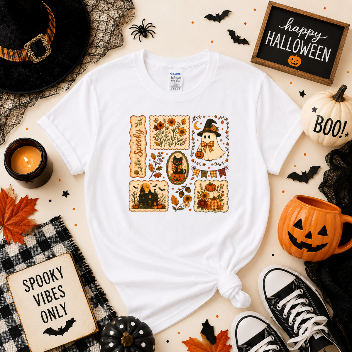 Vintage Spooky Halloween Sweatshirt | Ghost Pumpkin & Black Cat T-shirt