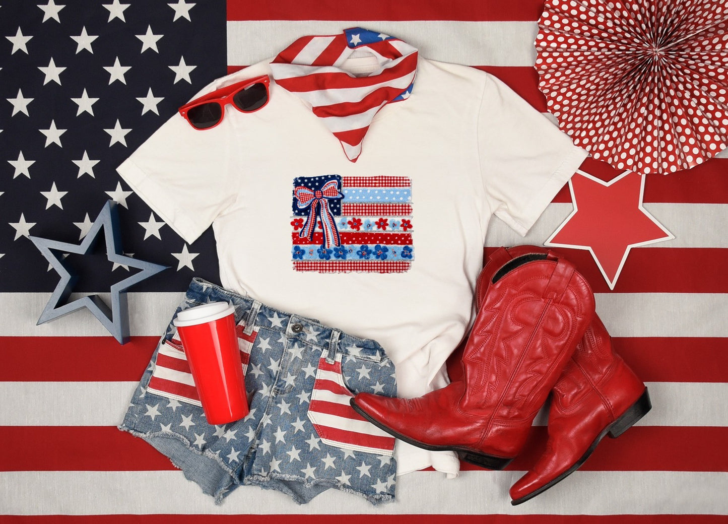 Patriotic Bow American Flag Graphic Tee | Cute USA Shirt