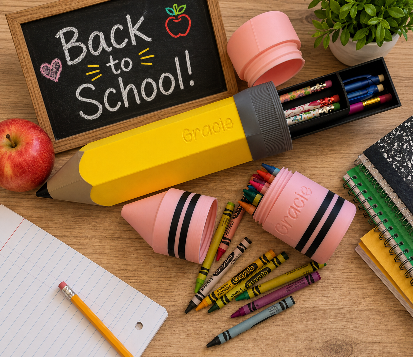 Personalized Back to School Pencil and Crayon Storage Set, Custom Name School Supplies