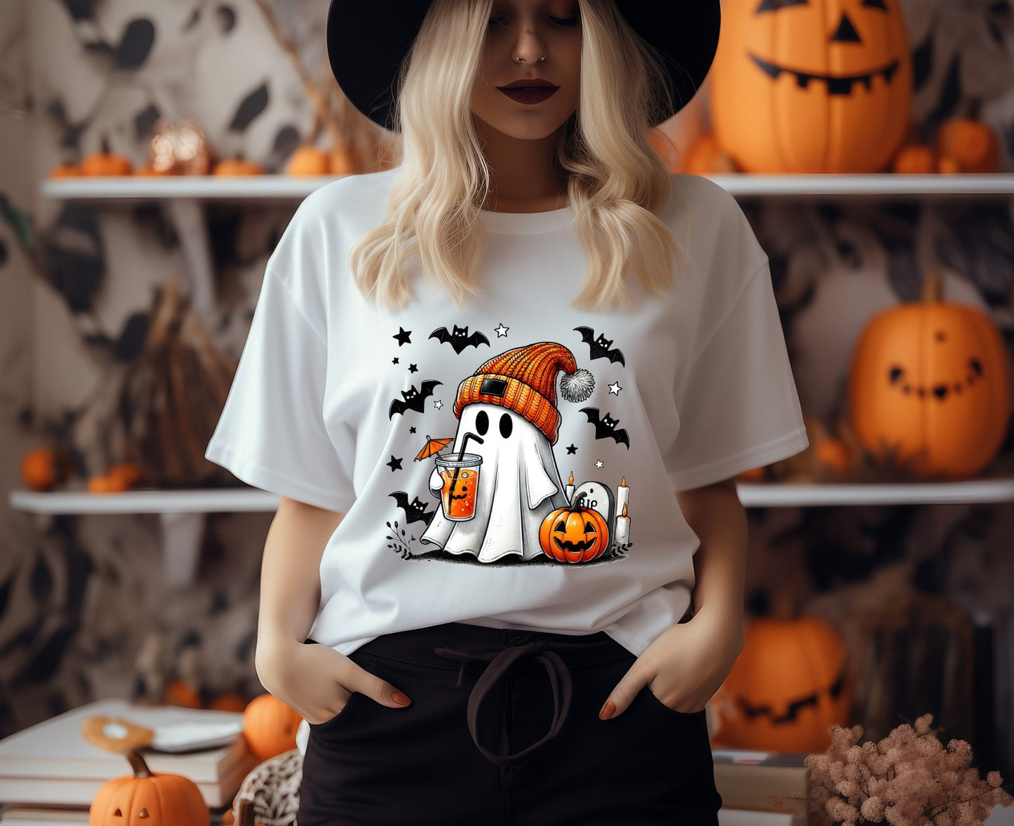 Cute Ghost Drinking Pumpkin Spice Tee