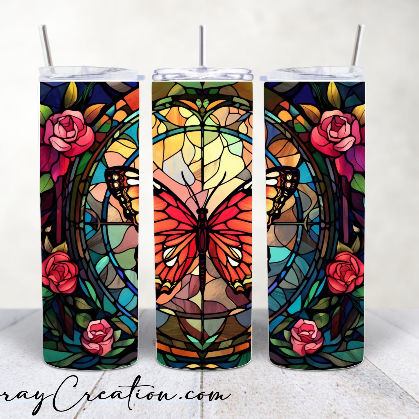 Monarch Butterfly Stained Glass Tumbler 20oz | Butterfly & Rose Floral Travel Cup