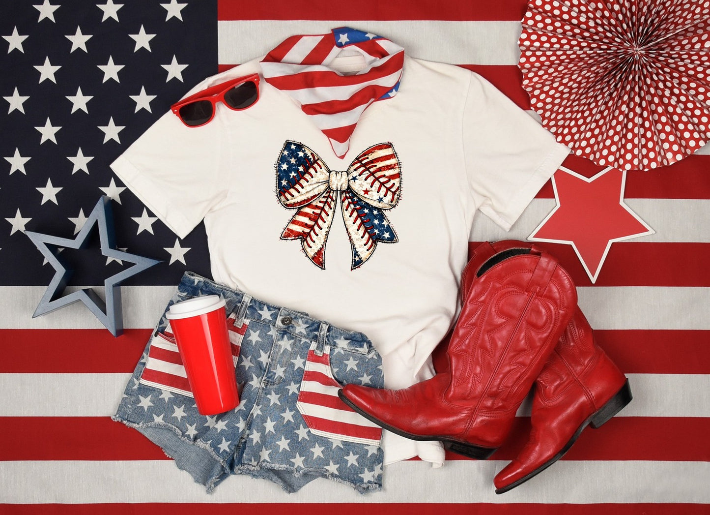 Patriotic Baseball Bow Graphic Tee | USA Baseball Shirt