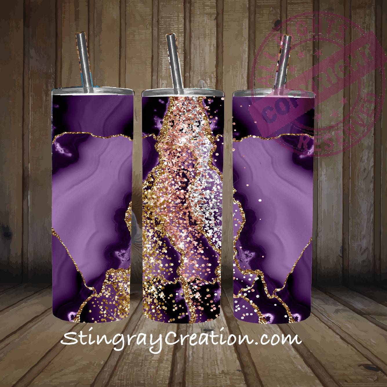 Purple Geode Glitter 20oz Skinny Tumbler | Marble Stainless Steel Tumbler with Straw