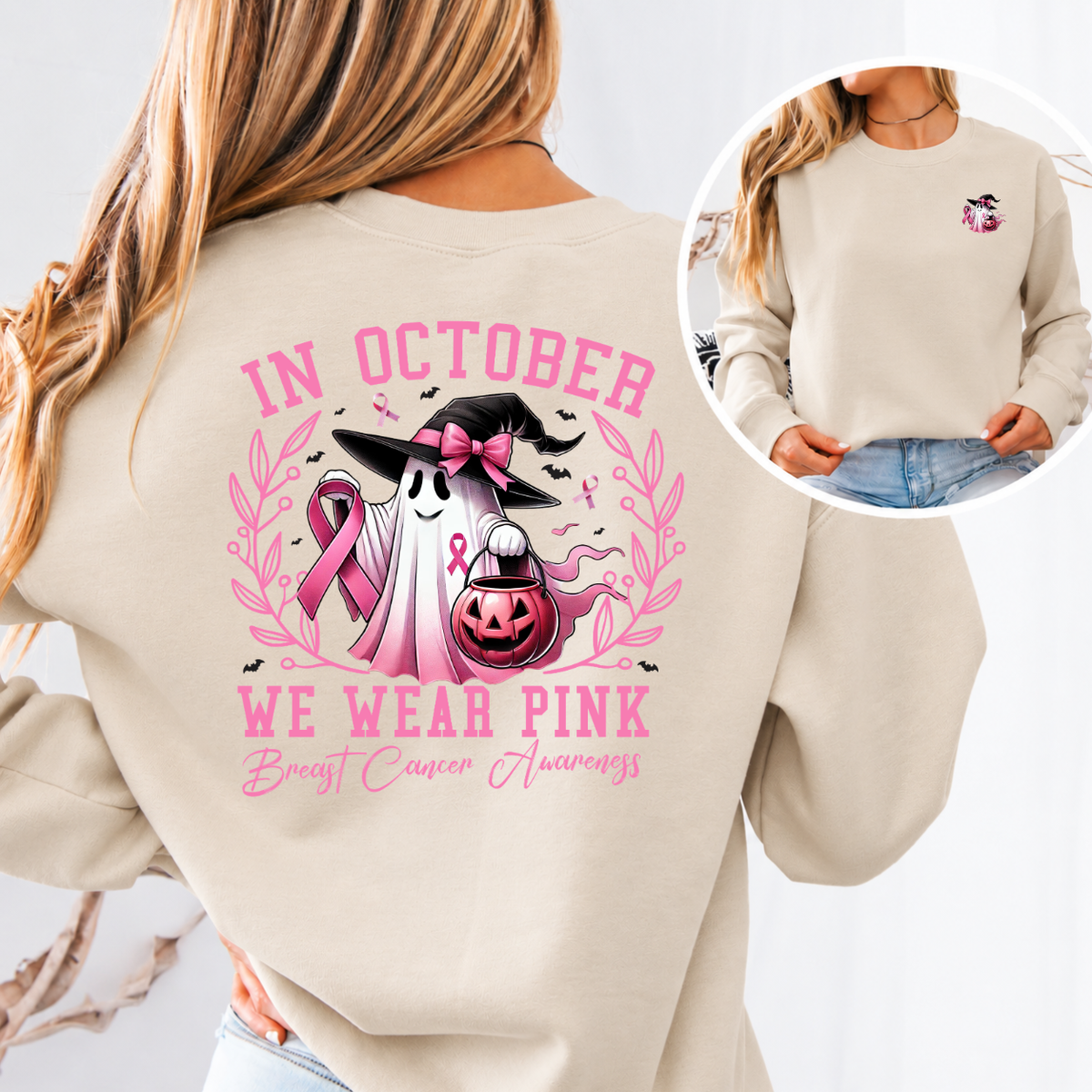 In October We Wear Pink Ghost Breast Cancer Awareness T-Shirt & Sweatshirt