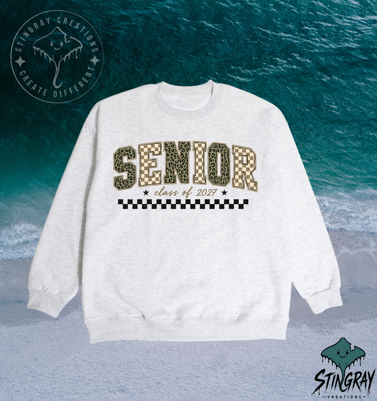 Senior Class of 2027 Checkered Leopard Print T Shirt & Crewneck Sweatshirt