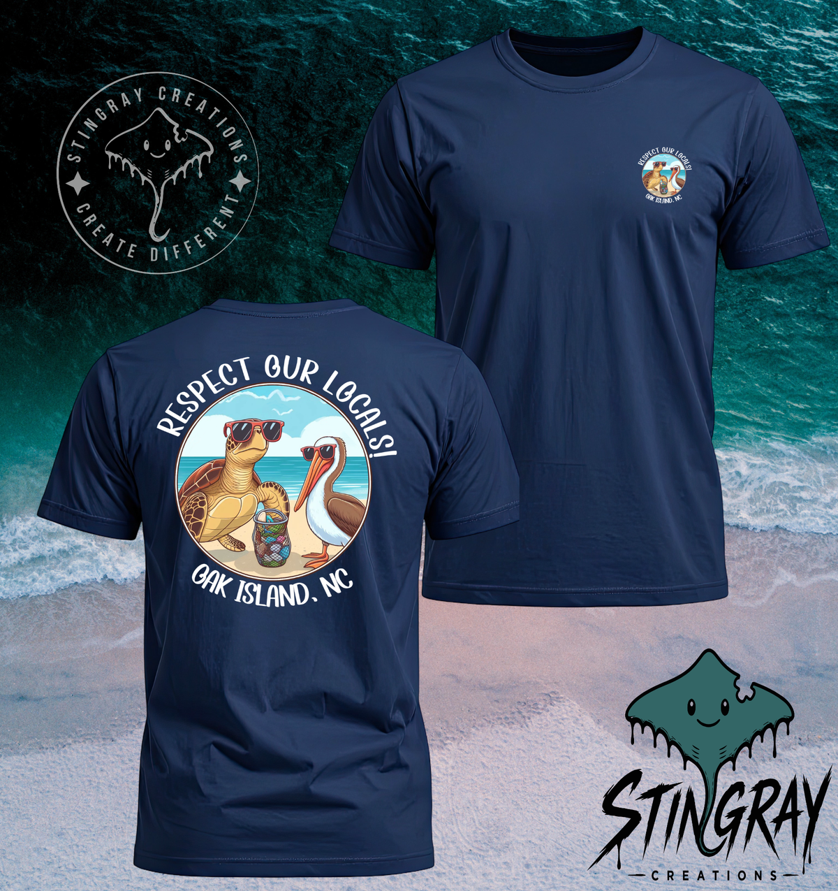 Respect Our Locals Oak Island NC Sea Turtle & Pelican T Shirt & Crewneck Sweatshirt