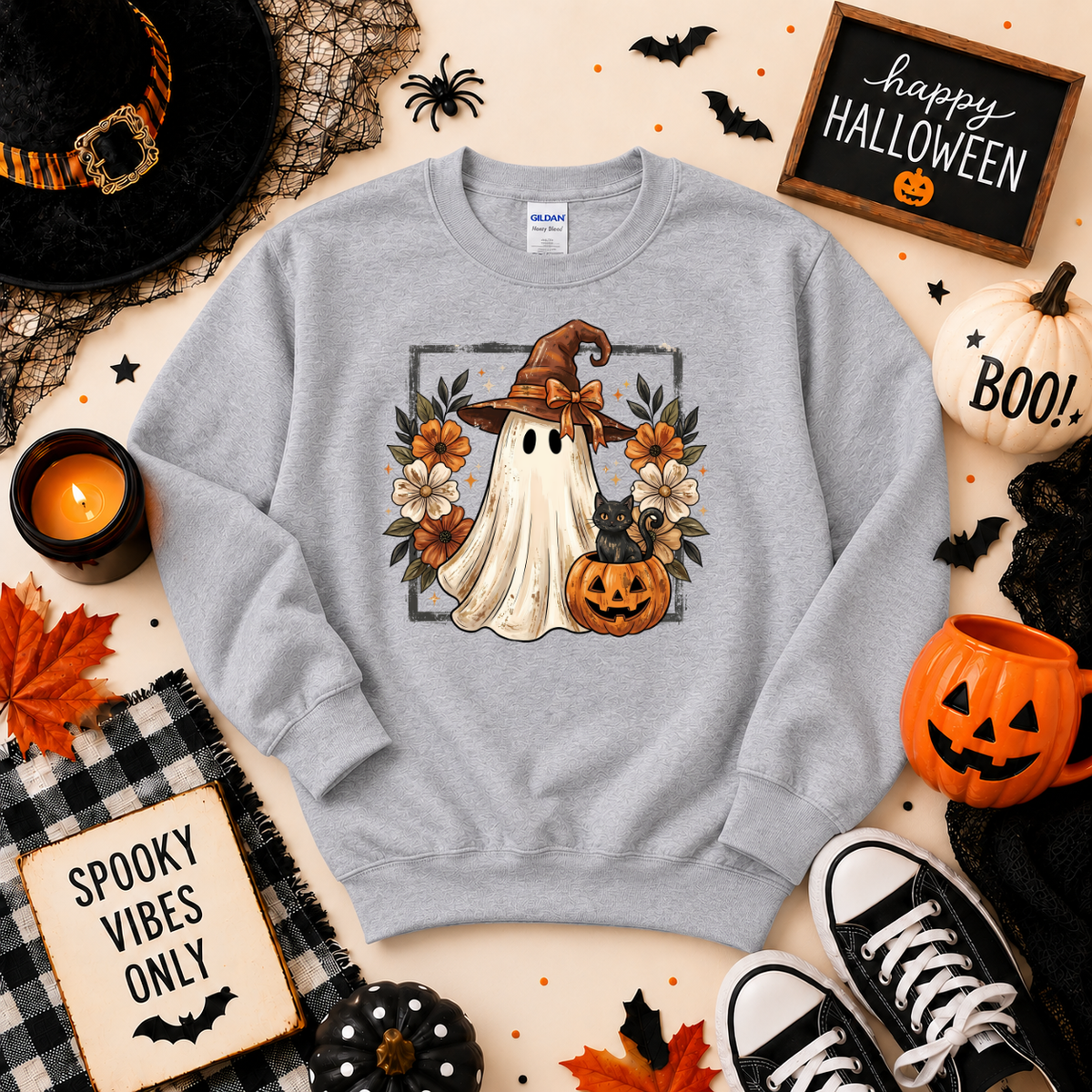 Cute Witch Ghost & Black Cat Halloween Sweatshirt | Pumpkin T-shirt