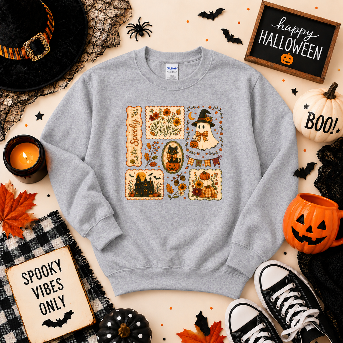 Vintage Spooky Halloween Sweatshirt | Ghost Pumpkin & Black Cat T-shirt