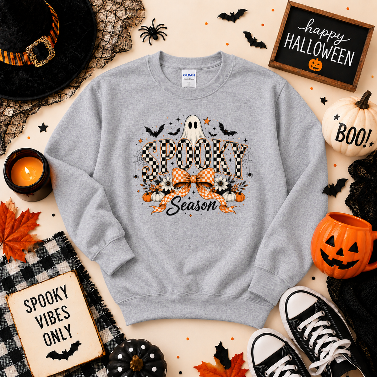Spooky Season Halloween T-Shirt | Checkerboard Ghost & Bow Graphic Sweatshirt