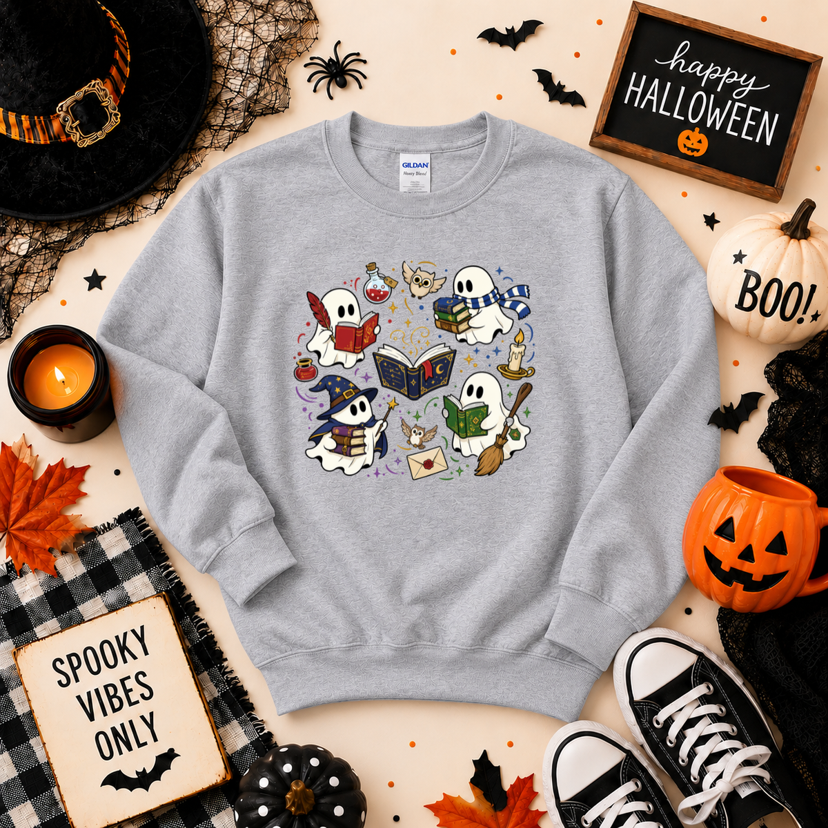 Bookish Ghost Halloween Sweatshirt | Cute Spooky Reading Ghost T-shirt