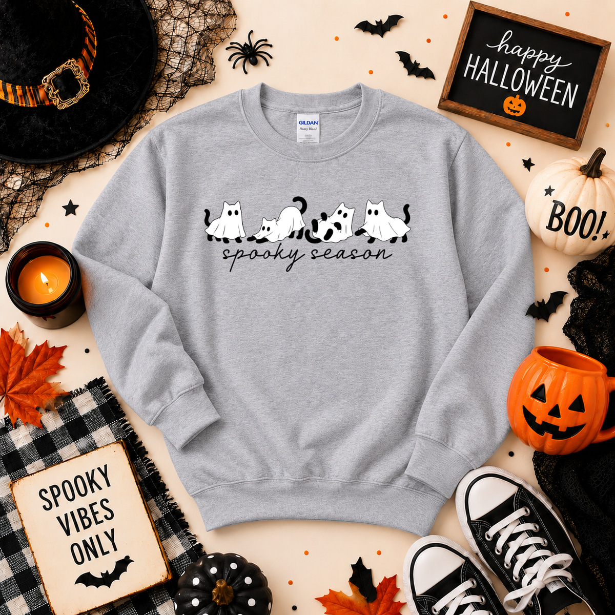 Spooky Season Ghost Cats Halloween Shirt | Cat T-Shirt or Sweatshirt