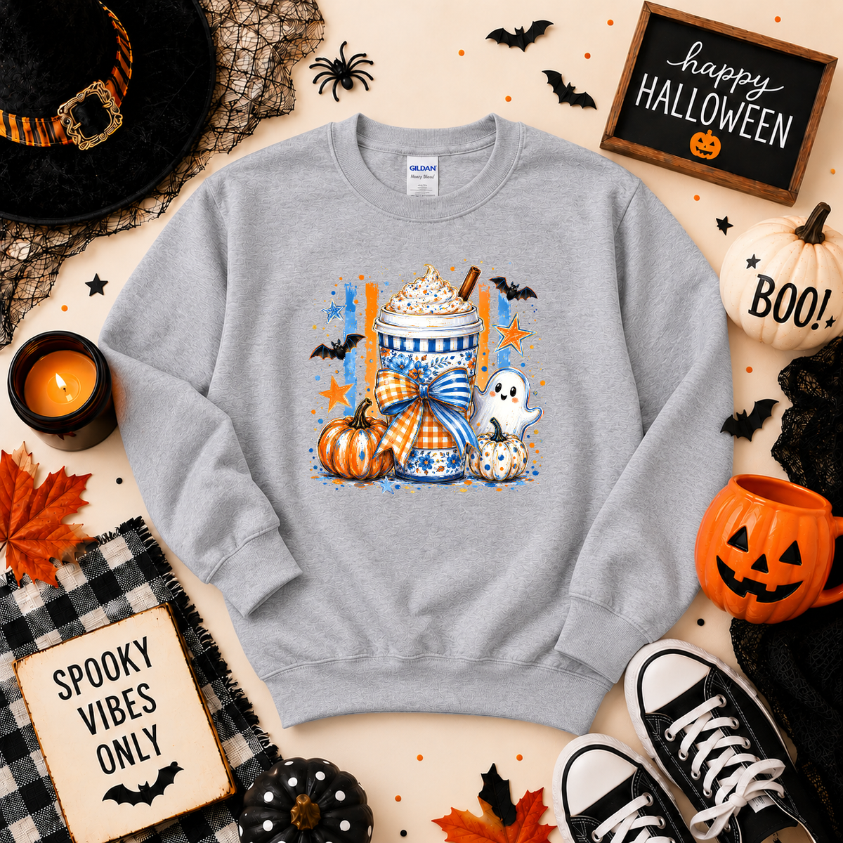Spooky Coffee Halloween Sweatshirt | Ghost Pumpkin Coffee Graphic Crewneck