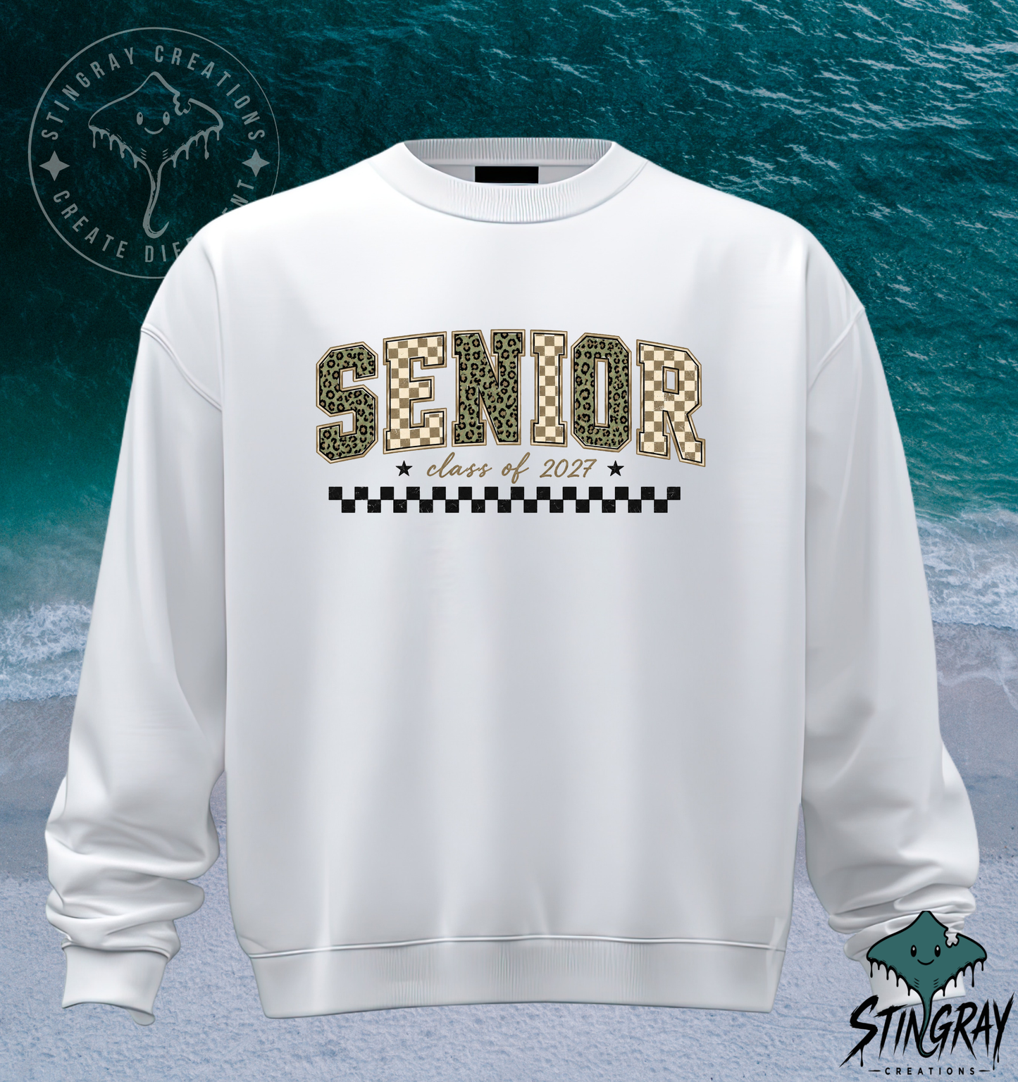Senior Class of 2027 Checkered Leopard Print T Shirt & Crewneck Sweatshirt