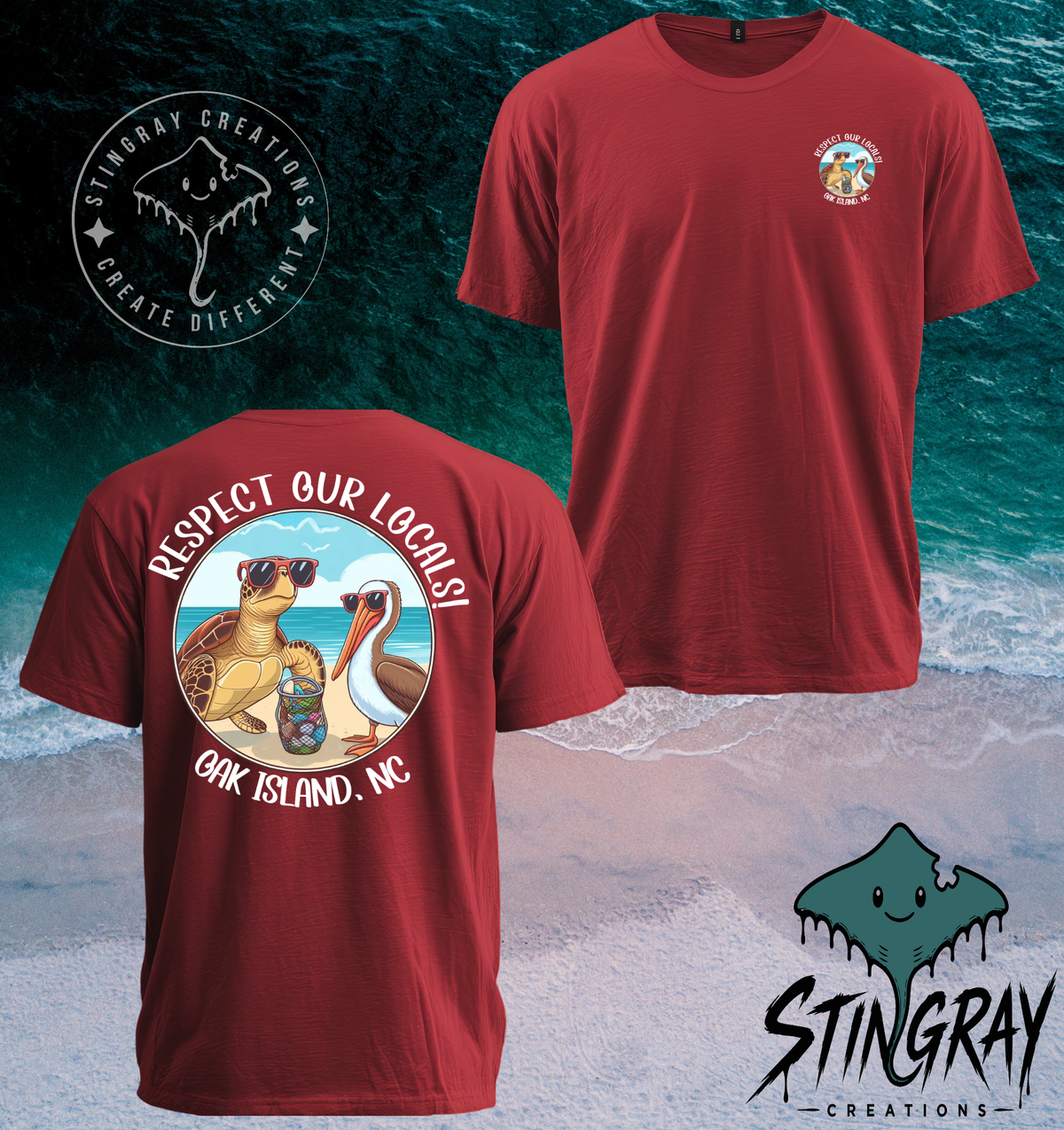 Respect Our Locals Oak Island NC Sea Turtle & Pelican T Shirt & Crewneck Sweatshirt