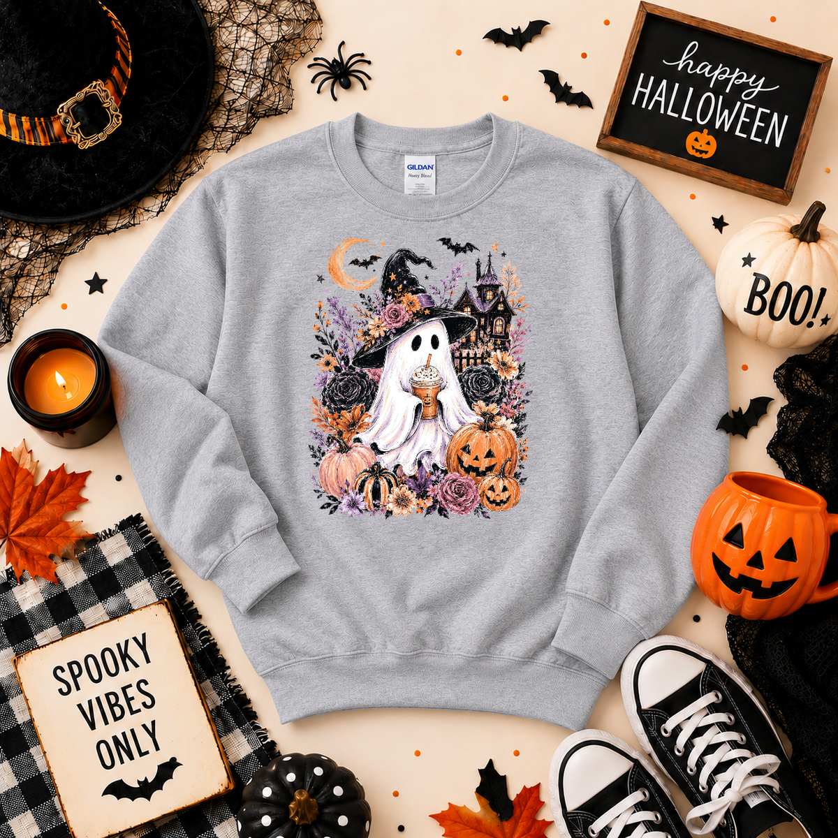 Spooky Ghost Halloween Sweatshirt or T-Shirt | Cute Witch Ghost Shirt