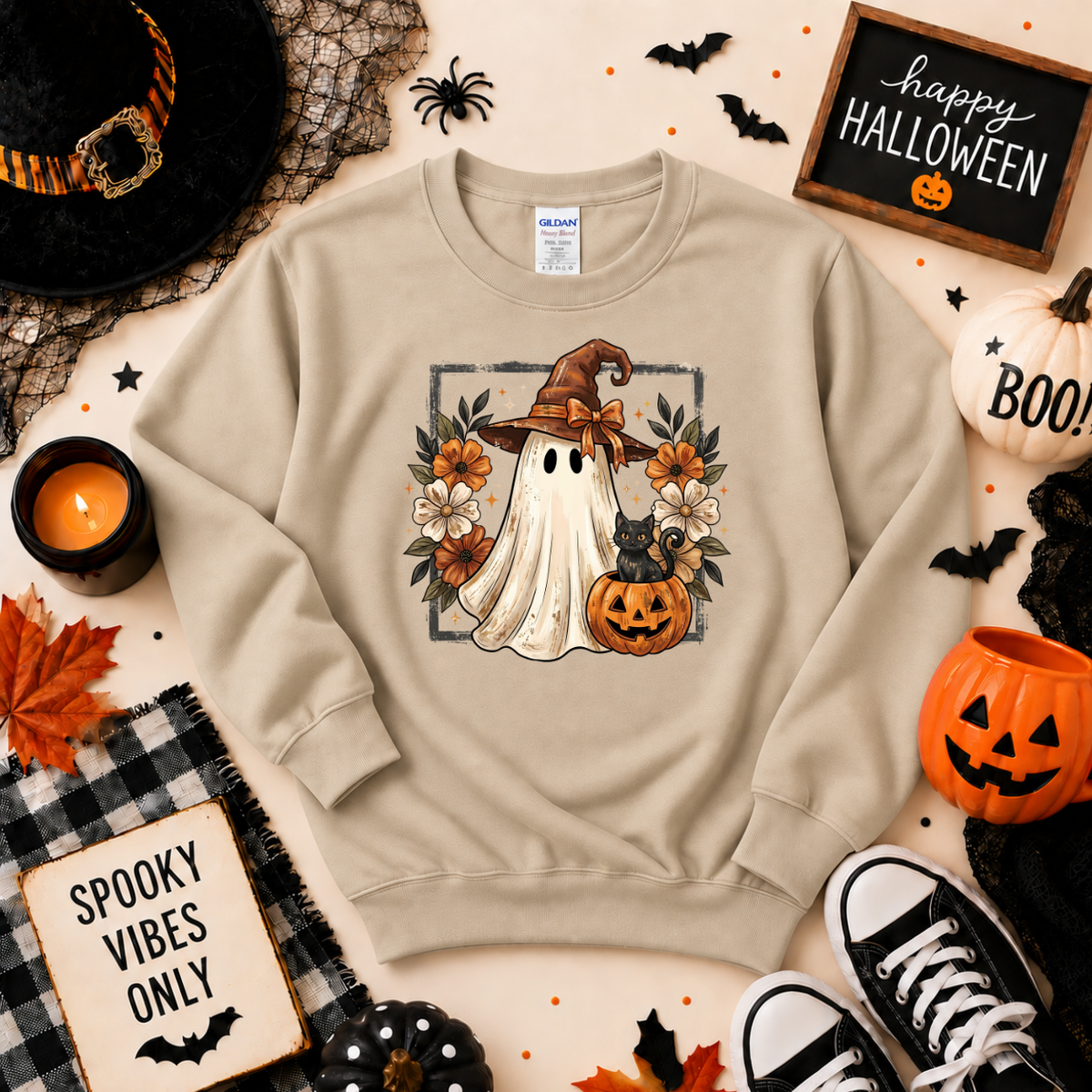 Cute Witch Ghost & Black Cat Halloween Sweatshirt | Pumpkin T-shirt